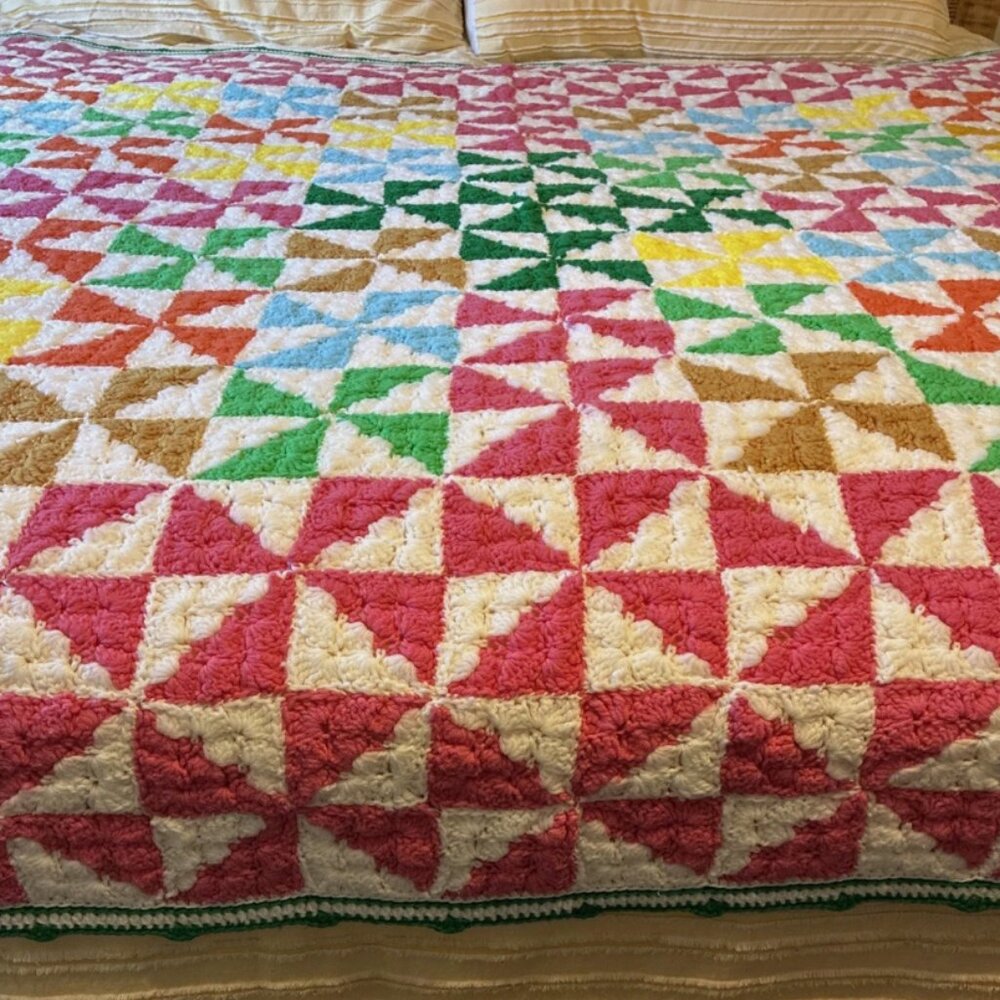 Vintage Multi-Colored Hand Crochet Twin XL Size Blanket VTG Retro Cottage Core